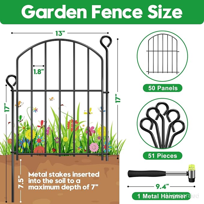 Decorative Garden Fence 17in (H) x50ft (L), Arched Rustproof Metal No Dig Fence for Dogs & Rabbit, Ornamental Animal Barrier for Flower Beds, Border Panels Fencing for Yard & Patio Outdoor Decor