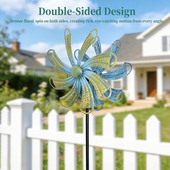 Wind Spinners Outdoor, Bronze Flower Double-Sided 360° Wind Spinner with Stake, Metal Garden Yard Decor (12.3" Dia x 54" H)