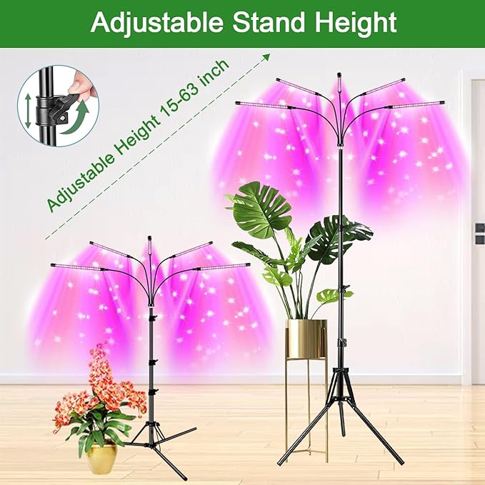 Garpsen LED Grow Light, 5 Head Full Spectrum Plant Light with Gooseneck, 3 Light Modes & 5 Levels Dimmable, 100 LEDs Grow Lamp with 15~63''Adjustable Tripod Stand, for Indoor Plants(2Pack)