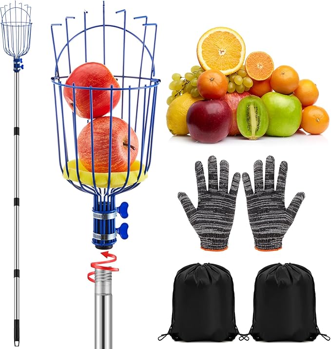 Colingmill 22.5ft Fruit Picker Pole with Basket, Telescoping Fruit Picking Tool with Soft Cushion, Extendable Harvester for High Trees, No Ladder Needed for Apple, Cherry, Orange, Citrus, Peach