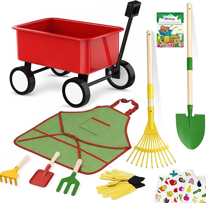 Qtioucp Kids Gardening Wheelbarrow Set, Metal & Wooden Garden Tools for Kids Ages 3-8, Real Wheelbarrows with Apron, Gloves & STEM Guide, Outdoor Backyard Garden Toy Gift