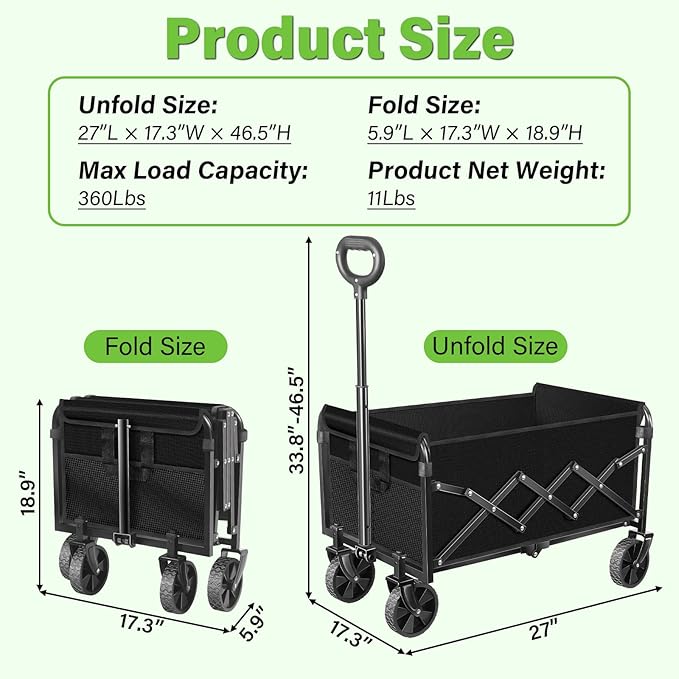 Wagons Carts Foldable - Collapsible Wagon Cart with Wheels – Folding Foldable Wagon Small Portable Lightweight for Sports, Camping, Storage, Travel, Shopping