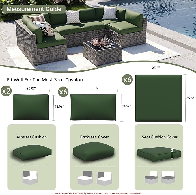 Aoxun 14pcs Patio Cushion Covers Replacement, Waterproof Outdoor Furniture Cushion Covers with Zipper and Non-Slip Bottom, Patio Sofa Couch 3 Sizes for Patio Sectional, Covers Only (Green)