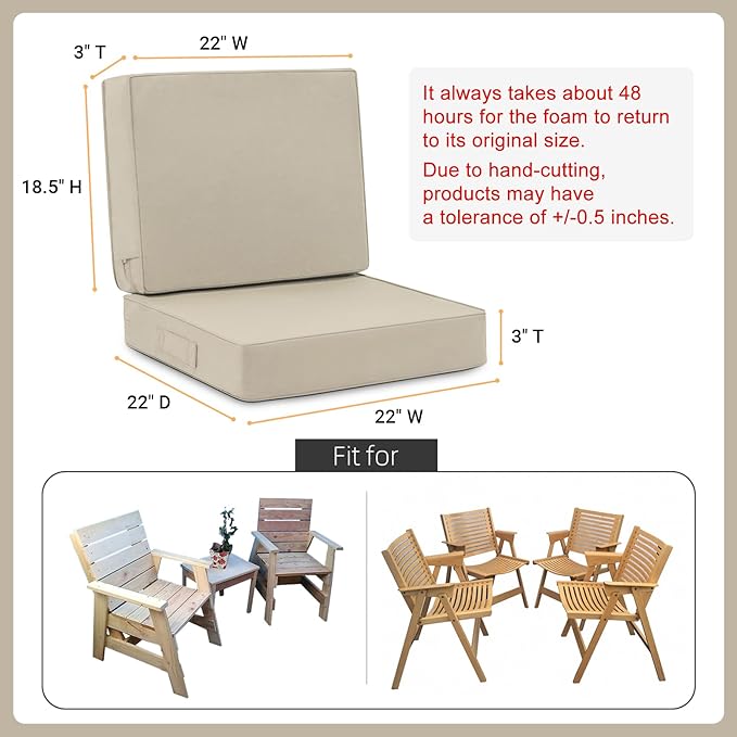 Favoyard Deep Seat Patio Cushion Set 22 x 22 Inch Waterproof Outdoor Chair Cushions for Patio Furniture with Fade Resistant and Removable Cover with Handle & Adjustable Straps for Patio, Yard, Garden