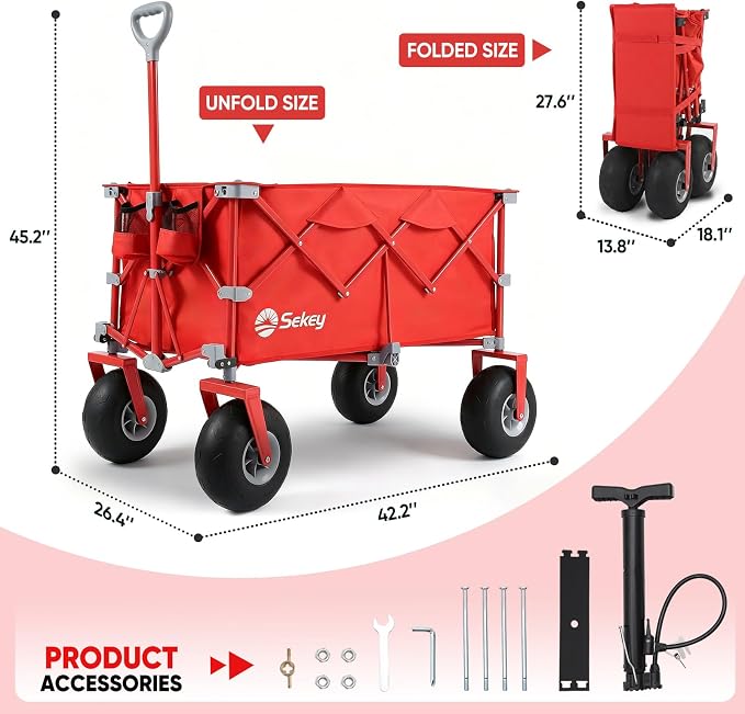 Sekey Heavy Duty Beach Wagon with 9" Big Sand-Proof Wheels – 600lb Capacity, 200L Oversized Foldable Cart | Adjustable Handle & All-Terrain Tires for Sand, Camping, Groceries
