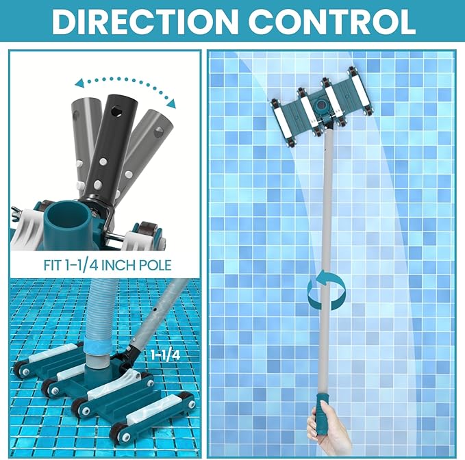 POOLWHALE 14" Flexible Pool Vacuum Head with Wheels, Swivel Direction-Control Handle for Inground & Above Ground Pools Clean Remove Debris