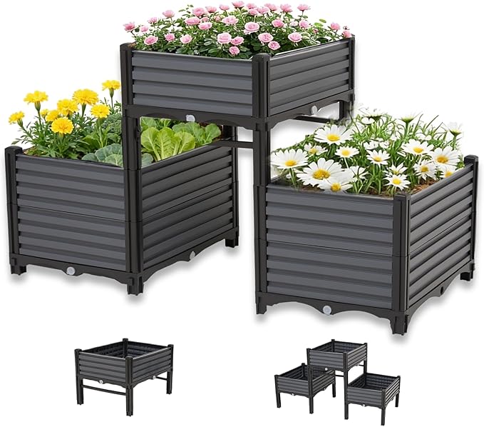3PCS Raised Garden Beds Outdoor with Legs Planter Box, 47x16x21in Reinforced Support Rods, Drainage Grid, Multi-Combination Options for Vegetables, Flowers, Herbs, Ideal for Balcony, Patio Gardening
