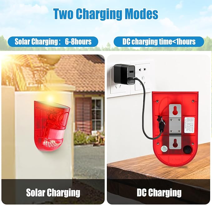 Qualirey Solar Sound and Light Alarm Motion Sensor 129db Outdoor Security Siren Waterproof Activated Detector Driveway Alarm 6 LEDs Flash Warning Deterrent Strobe System for Home, Farm(Red,8 Pack)