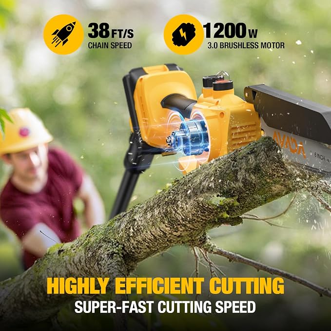 2-IN-1 Cordless 6-Inch Pole Saw & Chainsaw - 1200W Brushless Motor, Total Reach of Max 15.7 FT, Lightweight, Electric Pole Saws for Tree Trimming Pruning with 2× Batteries