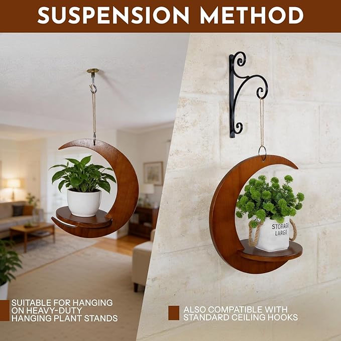 Tnstbiee Moon-Shaped Wooden Hanging Plant Stand,Nordic Modern Window Plant Shelf, Space-Saving Indoor Flower Holder for 3-5.5 Inch Pots,Aesthetic Hanging Plant Tray Decor,Gifts for Gardener & Mother