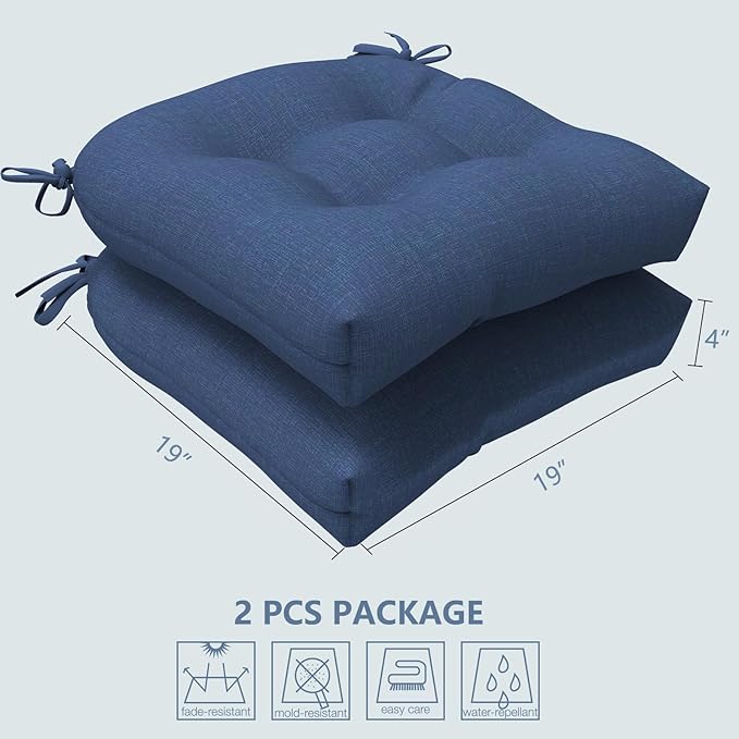 LVTXIII Outdoor/Indoor U-Shaped Wicker Seat Cushion, Decorative Tufted Chair Pads Seat Cushions Set for Patio Garden Home Office Furniture, 19”x19”x4”, 2 Pack, Navy Textured