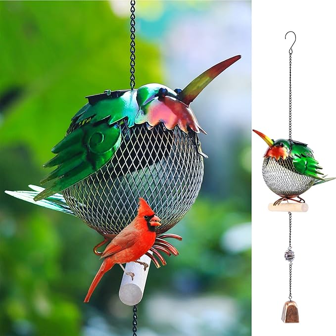Solar Wild Bird Feeder Squirrel Proof for Outside - Unique Cute Metal Animal Shaped Bird Feeder with Solar Light, Wind Chime, Gift for Bird Lovers(Hummingbird)