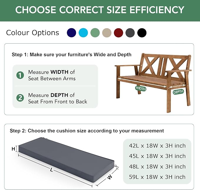 Summsun Outdoor Bench Cushion: Waterproof and Fade Resistant Patio Furniture Cushions - Non-Slip Bench Pad Cushion with Removable Cover for Garden Swing Porch Sofa Settee, 45 x 18 Inch, Dark Grey