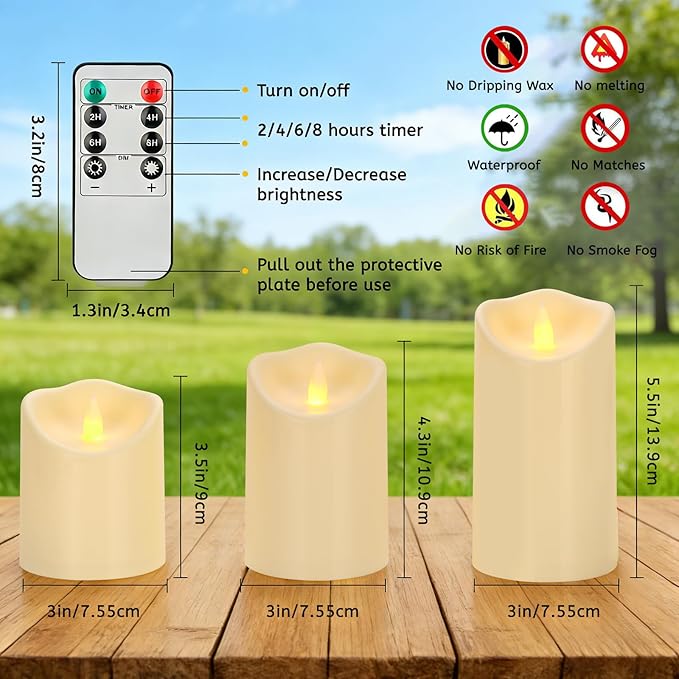Outdoor Indoor Flameless Candles, Patented 3D Dual-LED, Set of 3 Slanted Top Durable Plastic Pillars with Remote, Table Centerpiece for Living Room Shelf, Non-Melting Battery Candles (Ivory)