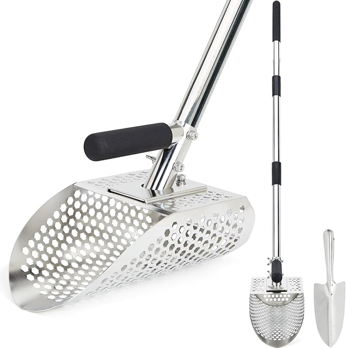 Sand Scoop for Metal Detecting, Stainless Steel Metal Detector Scoop with Long Steel Handle, Sand Sifter for the Beach, Metal Detector Accessories, Metal Detecting Shovel, Sand Flea Rake for Beach