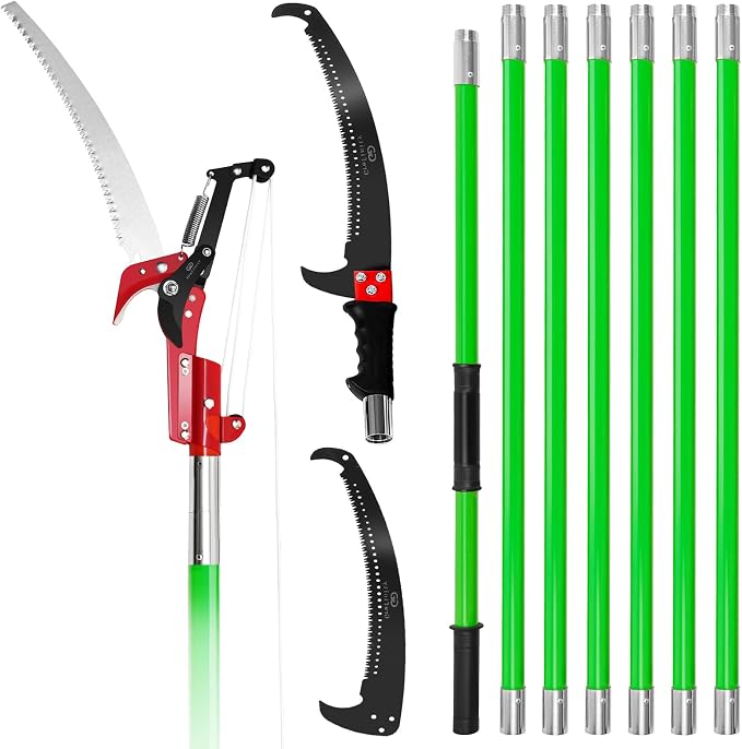 Grefinity Manual Pole Saw, 27 Ft Tree Trimmer, Extendable Pole Saws for Tree Trimming, Sharp Steel Blade and Scissors, for Backyard and Garden Pruning Palms & Shrubs, Green