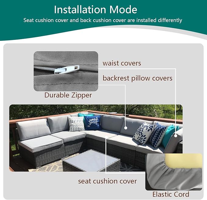 Outdoor Cushion Covers Replacement 14 Pcs Patio Cushion Covers fit for 7Pieces 6-Seater Wicker Rattan Sectional Couch Sofa Outdoor Cushion Slipcovers Set Seat and Back Cover Only, Grey