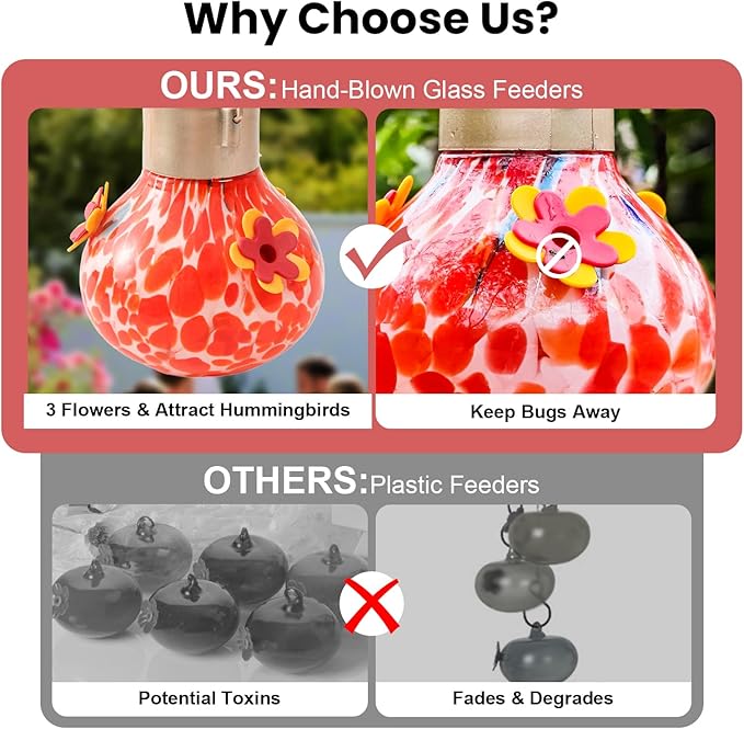 Hummingbird Feeder with Solar Light, Outdoor Glass Hummingbird Feeder, Auto-Lighting Solar Lamp for Garden Decor, 3 Feeding Ports Attract More Birds, Waterproof Design, Ideal Gift (Red)