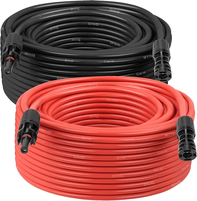 Solar Panel Extension Cable - 8AWG 100FT Solar Wire with Female & Male Waterproof Connector PV Wire for RV, Photovoltaic Systems, Home, Boat, Solar Panels, Car(100 Feet Red + 100 Feet Black)