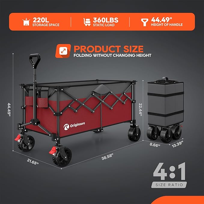 Originsure 220L Collapsible Wagon Cart Foldable, 38" L Extra Large Heavy Duty Folding Beach Wagons with All-Terrain Wheels, Utility Carts for Camping, Sports, Shopping, Groceries - Grey&Red