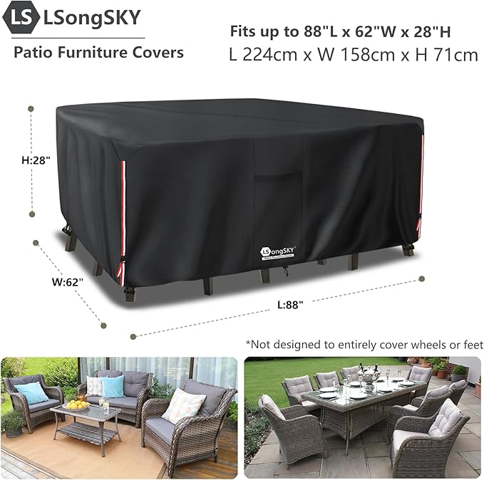 Outdoor Furniture Covers Waterproof,600D Heavy Duty Patio Cover for 5 PCS Sets Sectional Sofa Couch Dining Rocking Swivel Chairs Ottomans Coffee Table,88L x 62W x 28H inch Black