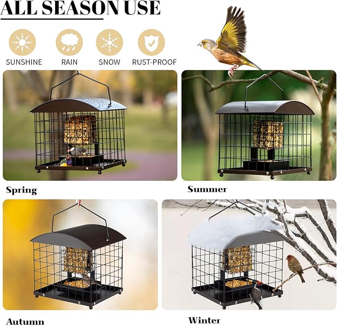 Caged Suet Feeders Squirrel-Proof, Dual-Purpose Suet &Seed Wild Bird Feeders with Tray, Huge Metal Caged Bird Feeders Outdoors Hanging, 2 Suet Cakes+1lb Seed Capacity, Copper