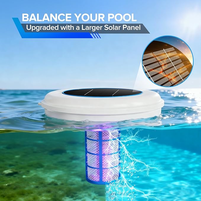 Aisdan Solar Pool Ionizer, Upgraded Larger Solar Panel Copper Pool Ionizer Floater Auto Switching of Multi-Colored LED Night Light, Ionizador Solar for Above Ground, Inground Pool, Up to 45,000 Gal