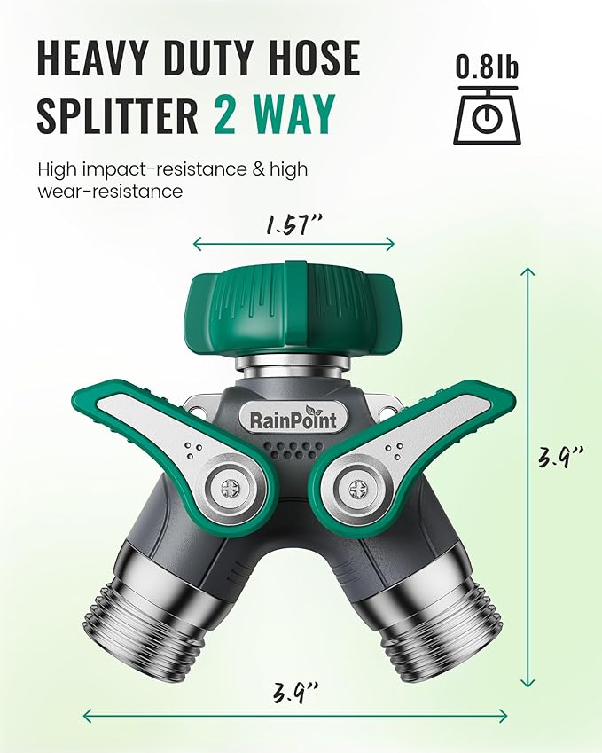 RAINPOINT Garden Hose Splitter 2 Way Heavy Duty, 3/4'' Connector Water Hose Bib Y Spigot Splitter with Shut-Off Valve, 100% Metal Body Outdoor Water Faucet Adapter Fittings (2 Pack)
