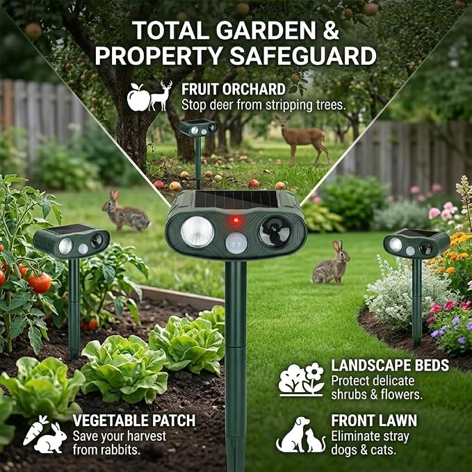 2026 4Pack Sonic Fortress Pro Deer Repellent Devices to Protect Hostas&Plants,Solar Ultrasonic Animal Repellent with Flash Light&Motion Activated for Garden,Yard,Keep Rabbit,Squirrel Away (4)