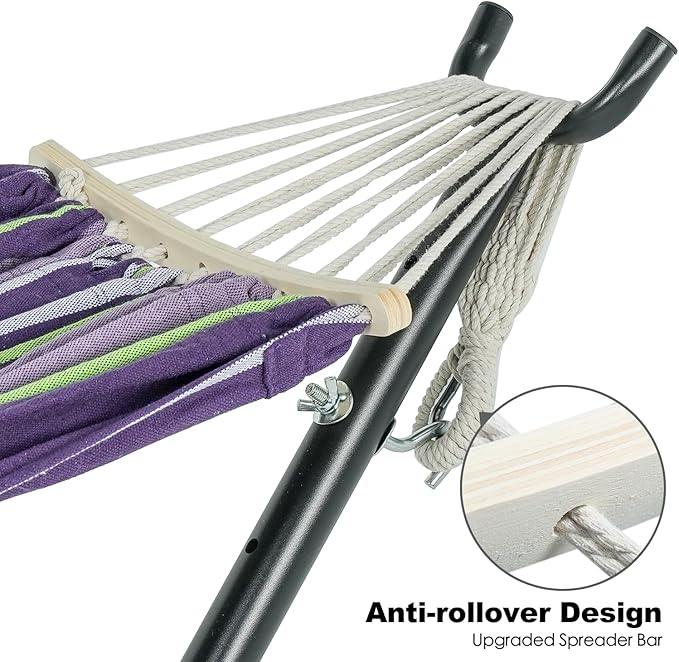 Gafete Double Hammock with Stand for Outside, Upgraded Spreader Bar, Heavy Duty Space Saving Steel Stand 2 Person, Side Pockets, Easy Assembly, 600lbs Weight Capacity (Tranquility Purple)