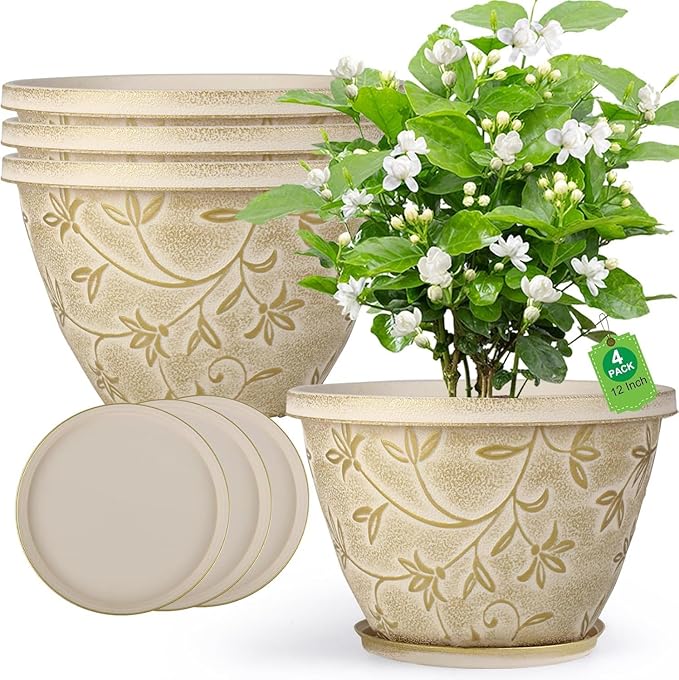 Nooulap 12 Inch Pots for Plants with Drainage, Large Plastic Flower Pots Outdoor Indoor, Decorative Planters with Gold Flower Pattern for Home, Porch, Balcony & Garden (Beige)