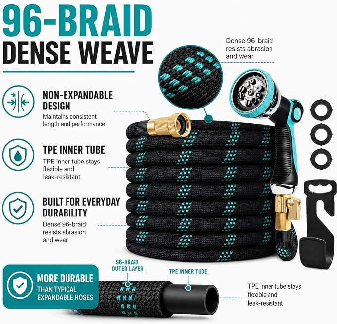50ft Heavy Duty Garden Hose with Alloy Nozzle & Solid Brass Connectors – Lightweight, No-Kink Flexible Water Hose, 96-Spindle High-Density Weave, 12 Bar Non-Expandable TPE Core for Patio & Lawn