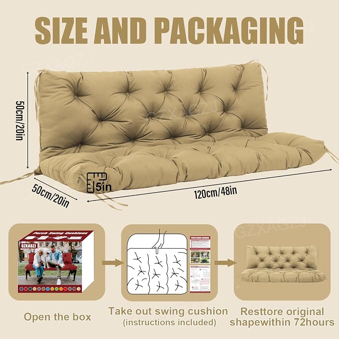 Outdoor Swing Replacement Cushions 48x40 inch Waterproof Porch Swing Cushions with Backrest and Ties 5” Thick 3 Seater Swing Cushions for Outdoor Furniture Backyard Patio Bench Lawn(Khaki)