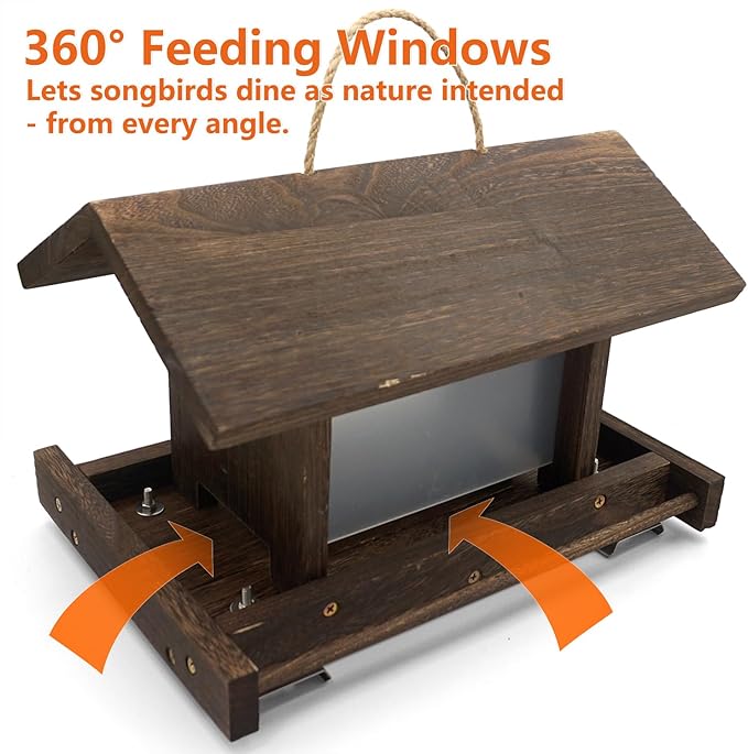 Wooden Bird Feeder Large Capacity Wood Birdfeeder for Feeding Outside Garden Wild Finches Robin Sparrow Blue Jay Chickadees