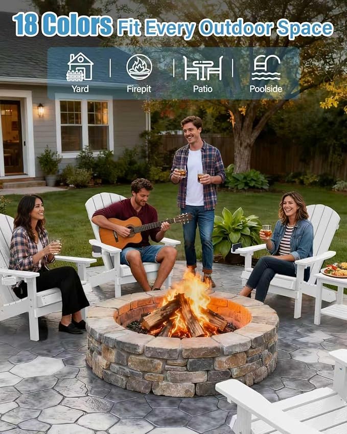 YEFU Adirondack Chair Weather Resistant: Outdoor Chair HIPS Plastic Adirondack Chairs - Patio Chairs with Wood Texture - Lawn Fire Pit Deck Porch Garden Chairs for Adults (White)