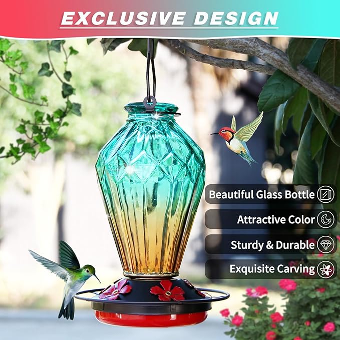 2 Pack Glass Hummingbird Feeder for Outdoors Hanging, 25Oz Humming Bird Nectar Feeder, Perch, 5 Flower Feeding Ports, Leak Proof Base, Hook for Outside Garden Backyard, Diamond Green