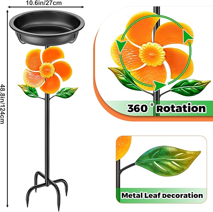 Metal Bird Bath for Outside Feeder Bowl, Detachable Birdbath & Birdfeeder with Base Stake, Vintage Birds Baths for Outdoors Garden Yard Lawn Decor (Black+Windmill)