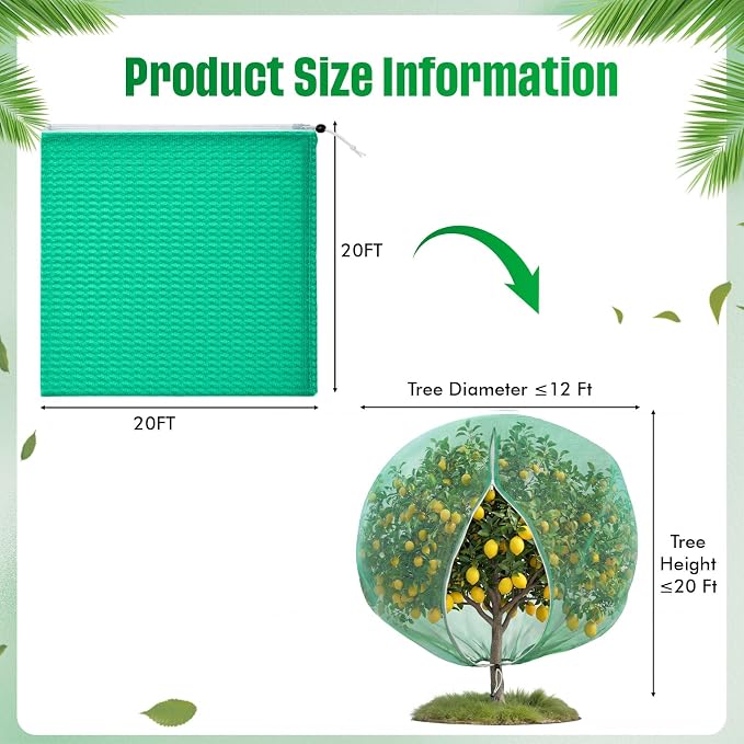 20W x 20L Ft Extra Large Fruit Tree Netting Cover with Zipper and Drawstring, Plant Protection Netting Insect Bird Barrier for Garden Cherry Trees Peach, Keep Birds Squirrels Cicadas Out