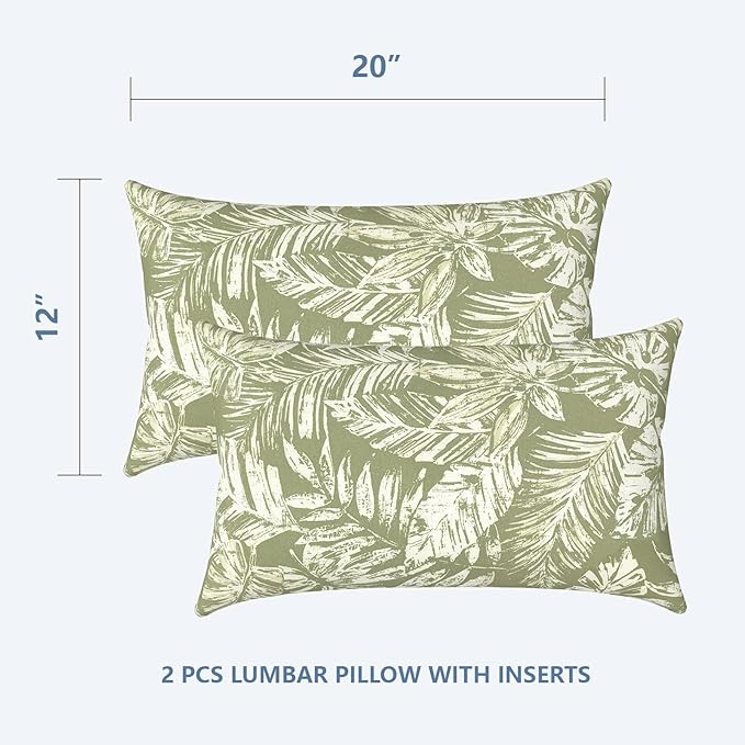 LVTXIII Set of 2 Patio Lumbar Pillows, 12" x 20" Fade Resistant Outdoor Lumbar Pillow with Inners, Fluffy Decorative Garden Lumbar Cushions for Home Patio Coach Sofa Use, Tropical Leaf Green