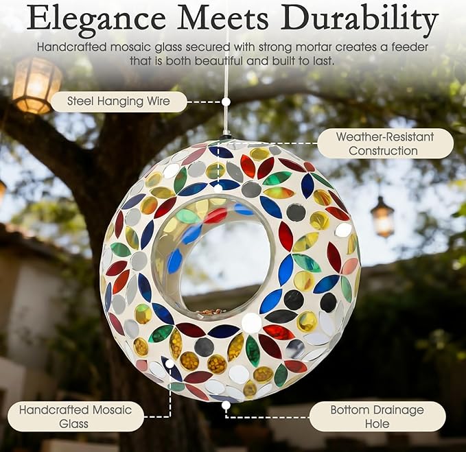 6 Inch Mosaic Glass Hanging Bird Feeder for Outdoors，Fly Through Bird Feeders for Wild Birds, Cute Seed Container with Round Shape for Backyard Window Garden Porch, Colorful Floral Mosaic