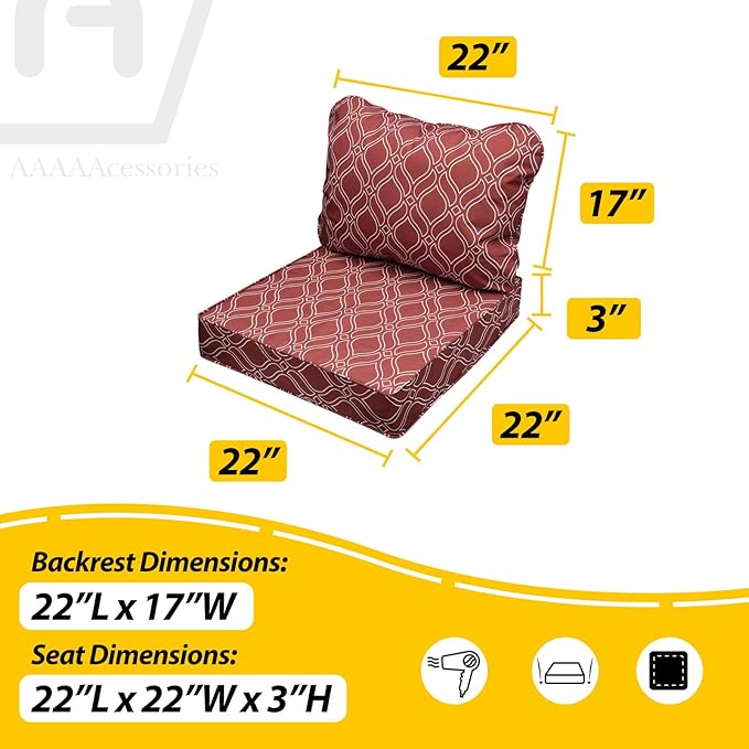 AAAAAcessories Outdoor Seat Cushions for Chairs, Fade-Resistant, Waterproof Patio Furniture Replacement Cushions, 22" x 22" x 3" + 22" x 17", Clay Red Vine Trellis