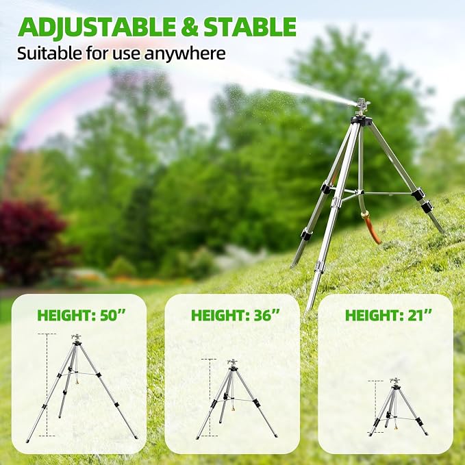 SPECILITE Brass Impact Sprinkler on Tripod Base, 50” Heavy Duty Metal Pulsating Telescoping Sprinkler, 360 Degree Irrigation for Large Area, Yard, Lawn, Waters up to 90ft, Covering up to 6360sqft