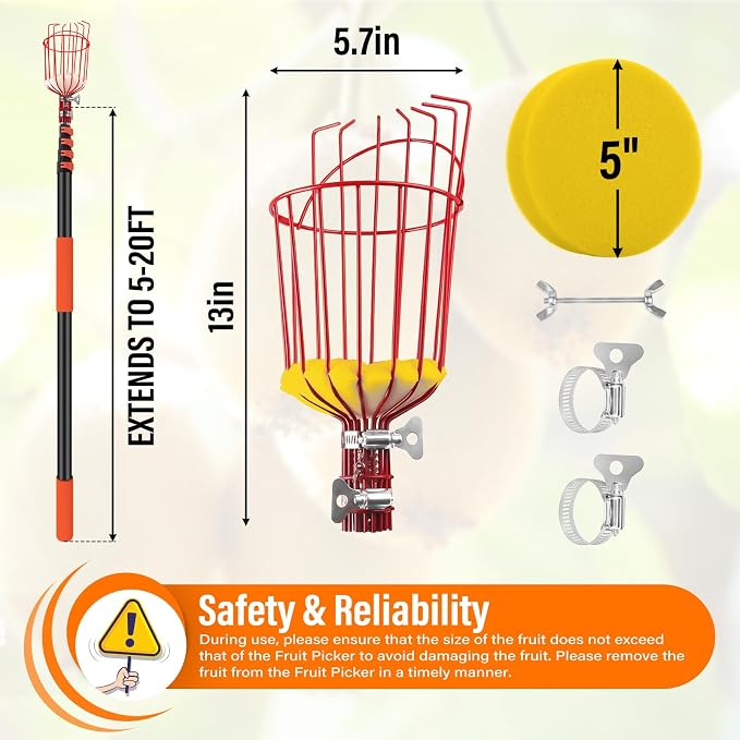 26FT Reach Fruit Picker Pole with Basket Telescoping,Apple Picker Pole with Basket,Lightweight Aluminum Pole Fruit Catcher for Trees,Orange Picker Suit for,Pear,Lemon,Mango,Guava,Avocados