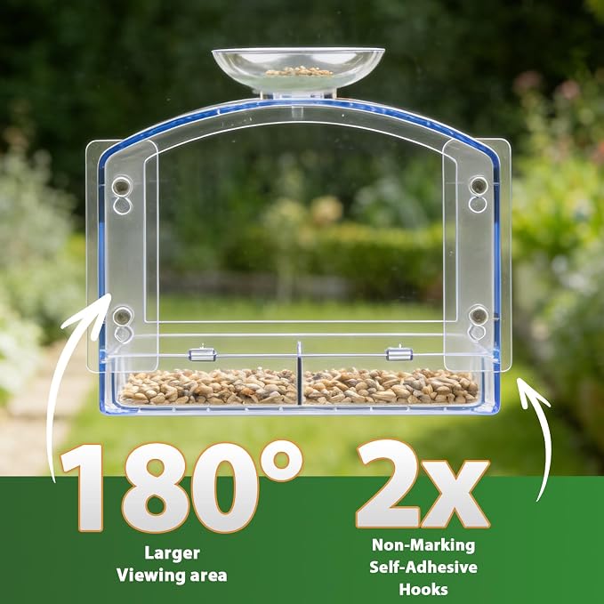 Large Window Bird Feeders Outside with 2 Non-Marking Self-Adhesive Hooks - Wild Bird Watching Outdoor Transparent - Unique Gifts for Garden Yard Elderly Viewing(with a Brush, Easy to Clean)