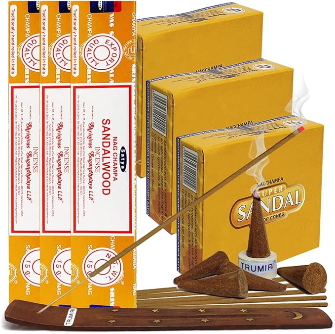 Sandalwood Incense Sticks and Cone Incense Holder Variety Pack Bundle insence insense insienso