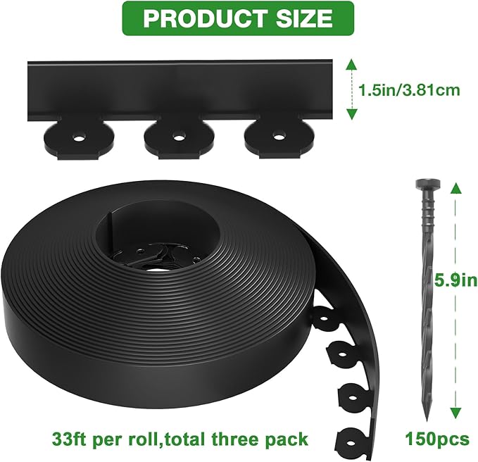 100ft,1.5in Tall Landscape Edging Kit with 150 Spikes, Not Digging Flexible Plastic Edge Border for Landscaping, Lawn, Garden, Flower Beds, Yard, Paver, Playground, Fence, Pathway,3pack, 33ft Each