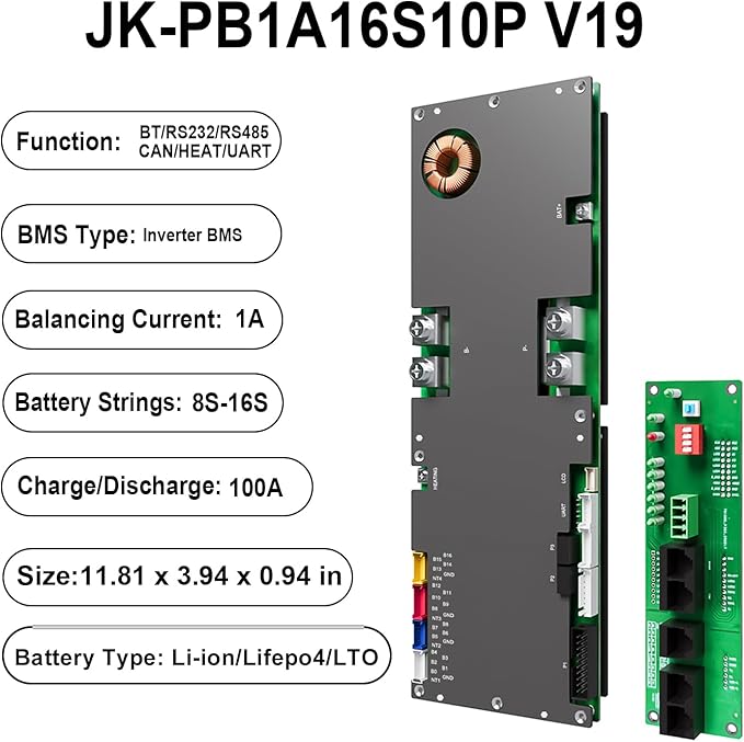JKBMS Inverter BMS 8S-16S 24V-48V 100A – V19 Home Energy Storage BMS with UART Port, 1A Active Balance, Built-in Bluetooth, RS485 & CAN, for Solar System (JK-PB1A16S10P V19)
