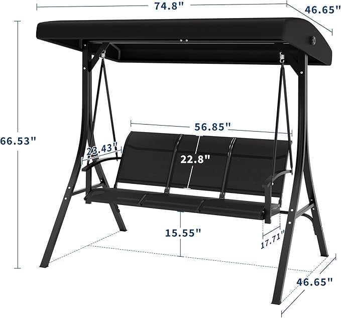 GarveeLife 3-Seat Patio Swing Chair, Outdoor Porch Hanging Swings with Adjustable Canopy and Armrests, Breathable Textilene Fabric Seat & Backrest, Swing Bench for Garden, Poolside, Backyard, Black