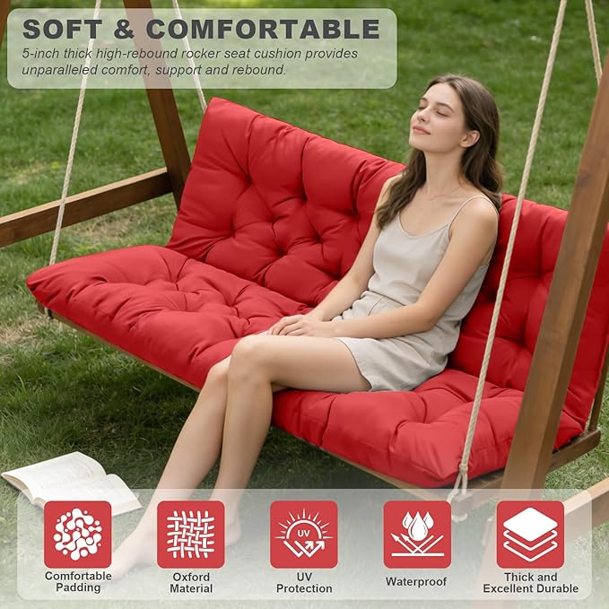Porch Swing Cushions,Outdoor Cushions 3 Seater Replacement with Backrest, Waterproof Thickened Bench Cushion with Ties for Porch, Patio,Outdoor, Backyard and Garden (Red 60 * 40 in)
