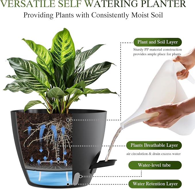Self Watering Pots with Drainage Holes, 3 Pack 12/10/8 Inch Plant Pots with Water Level Indicator Deep Reservoir, Large Plastic Planter for Indoor Outdoor Plants - Black
